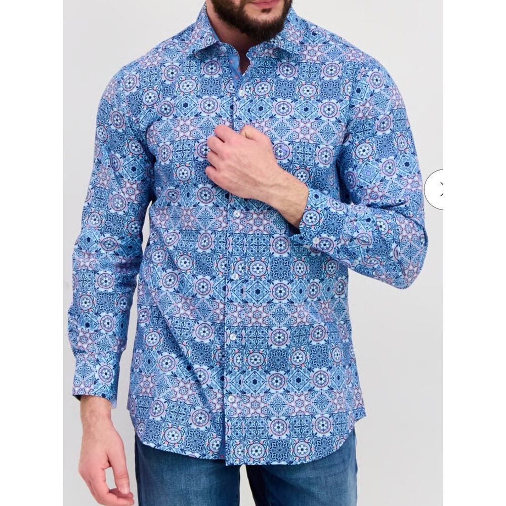 TAILORBYRD Men's all over pattern Long Sleeve Casual Shirt Medium Flip cuff blue